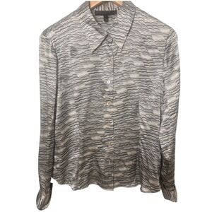 Lafayette 148 Women's Silk Petite Shirt Long Sleeve Wave Pattern Button Up Top